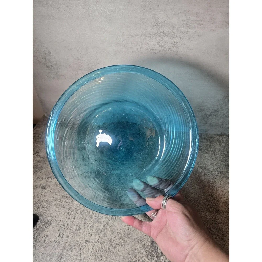 RARE 10” Blown Aqua Blue Glass Shallow Bowl With  Optic Swirl/Folded Rim Vintage